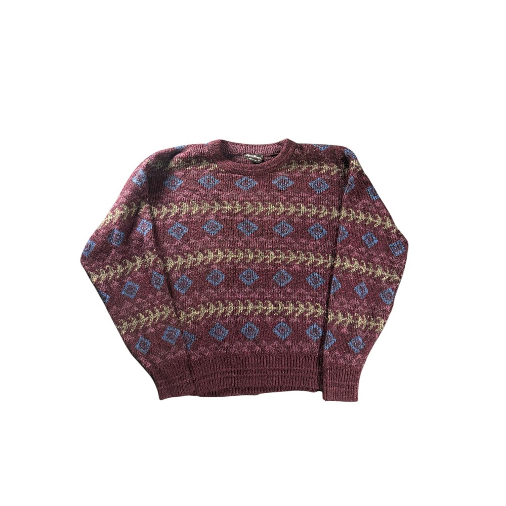 Vintage Reed St James Mens Medium Burgundy Geometric Knit Crewneck Sweater USA